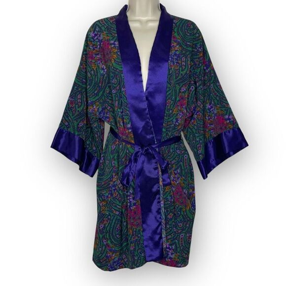 Victoria’s Secret Gold Label Purple Green Paisley Print Robe One Size Vintage - Picture 1 of 10